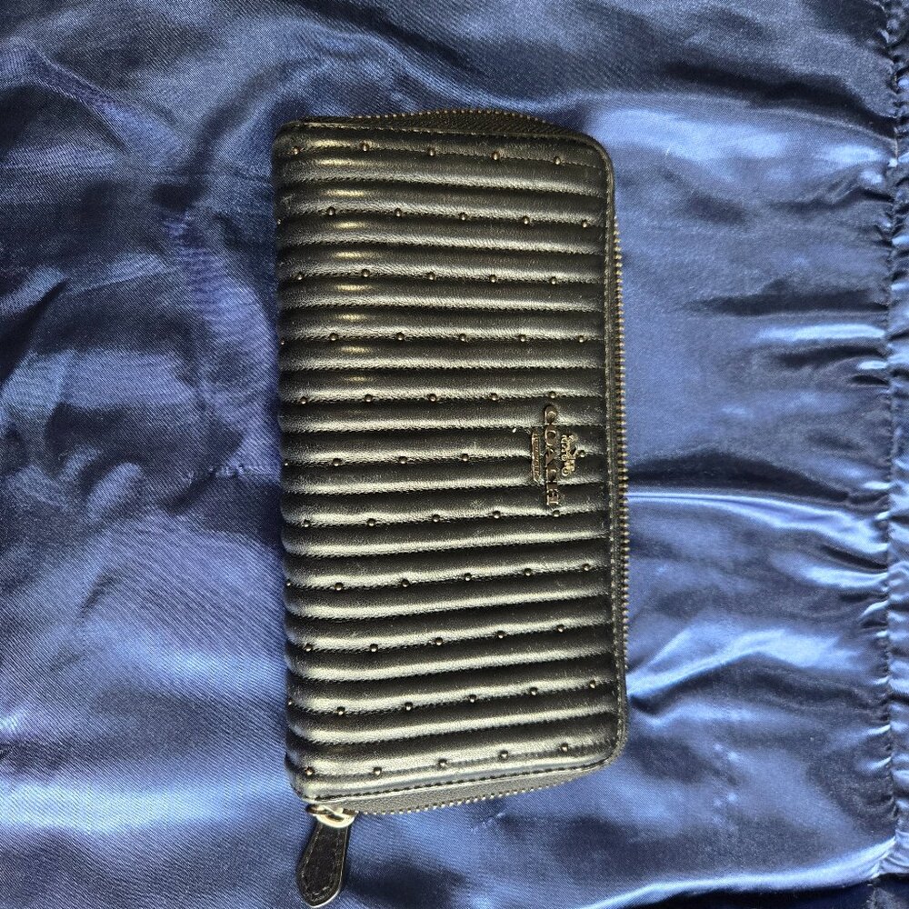 Coach Accordian Zip Lambskin Leather Wallet with Quilting and Studs